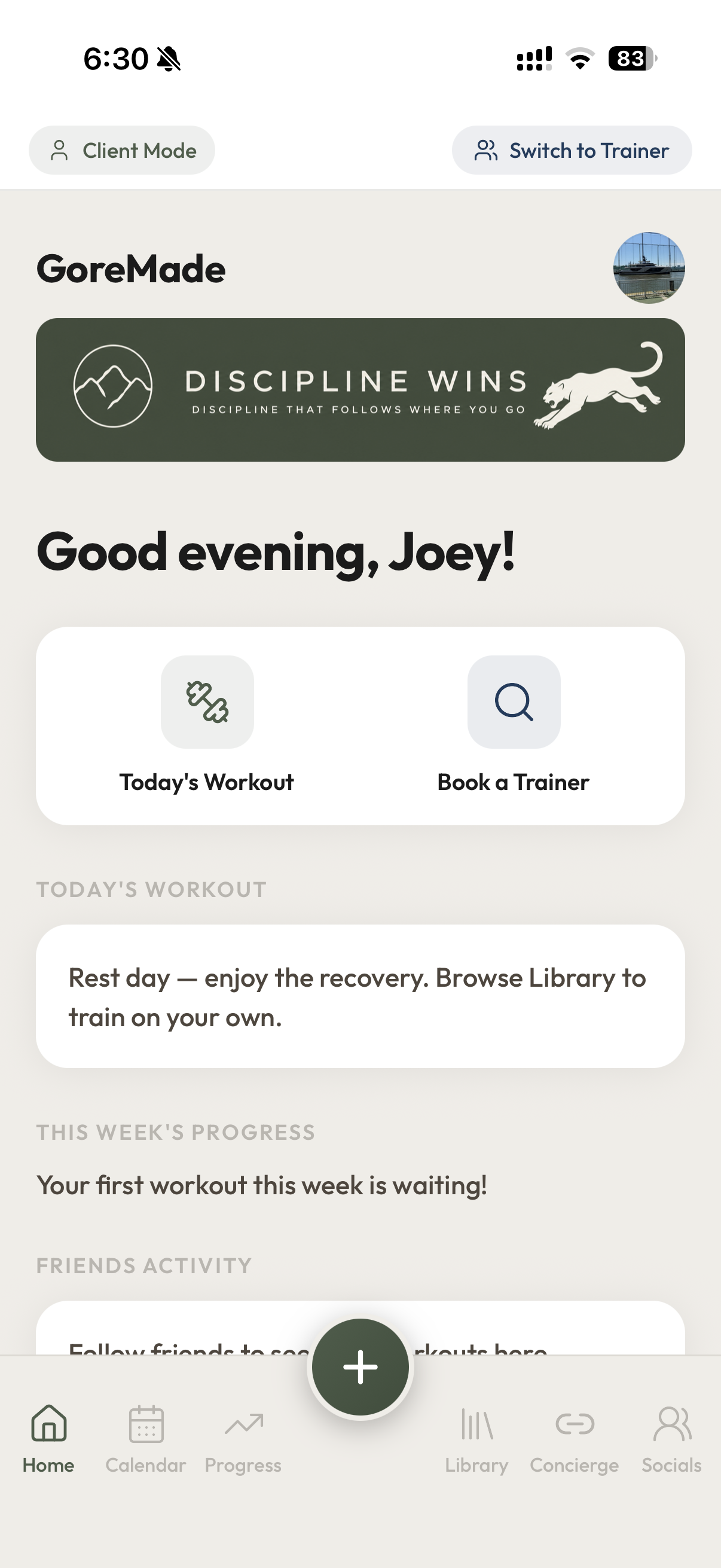 GoreMade home screen showing today's workout